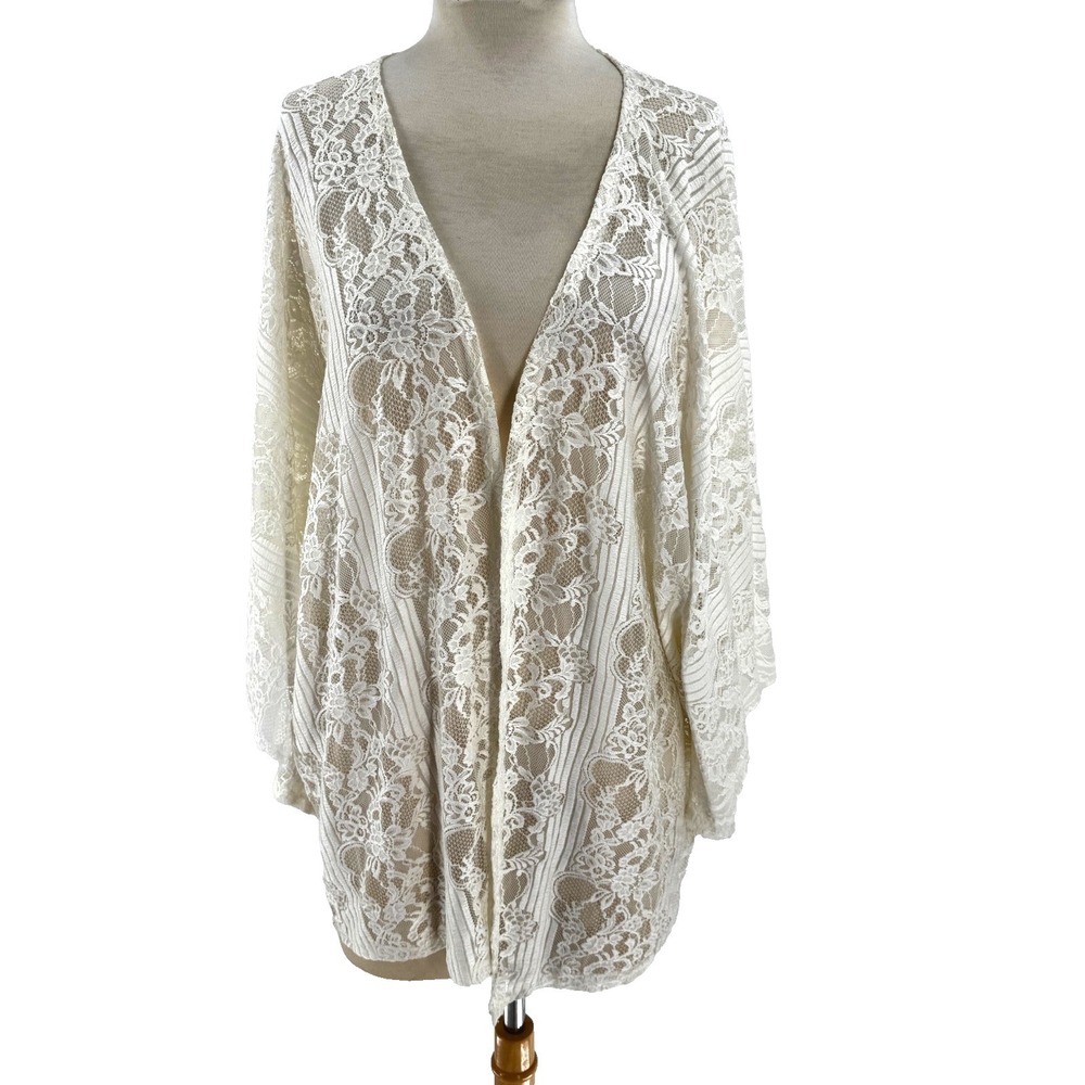 Misia Curvy Lace Bat Wing Sleeve Kimono Coverup Cardigan Women's 1X White Sexy